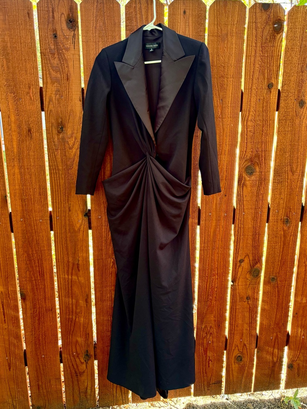 Tadashi Shoji Black Draped Maxi Gown with Satin Lapel